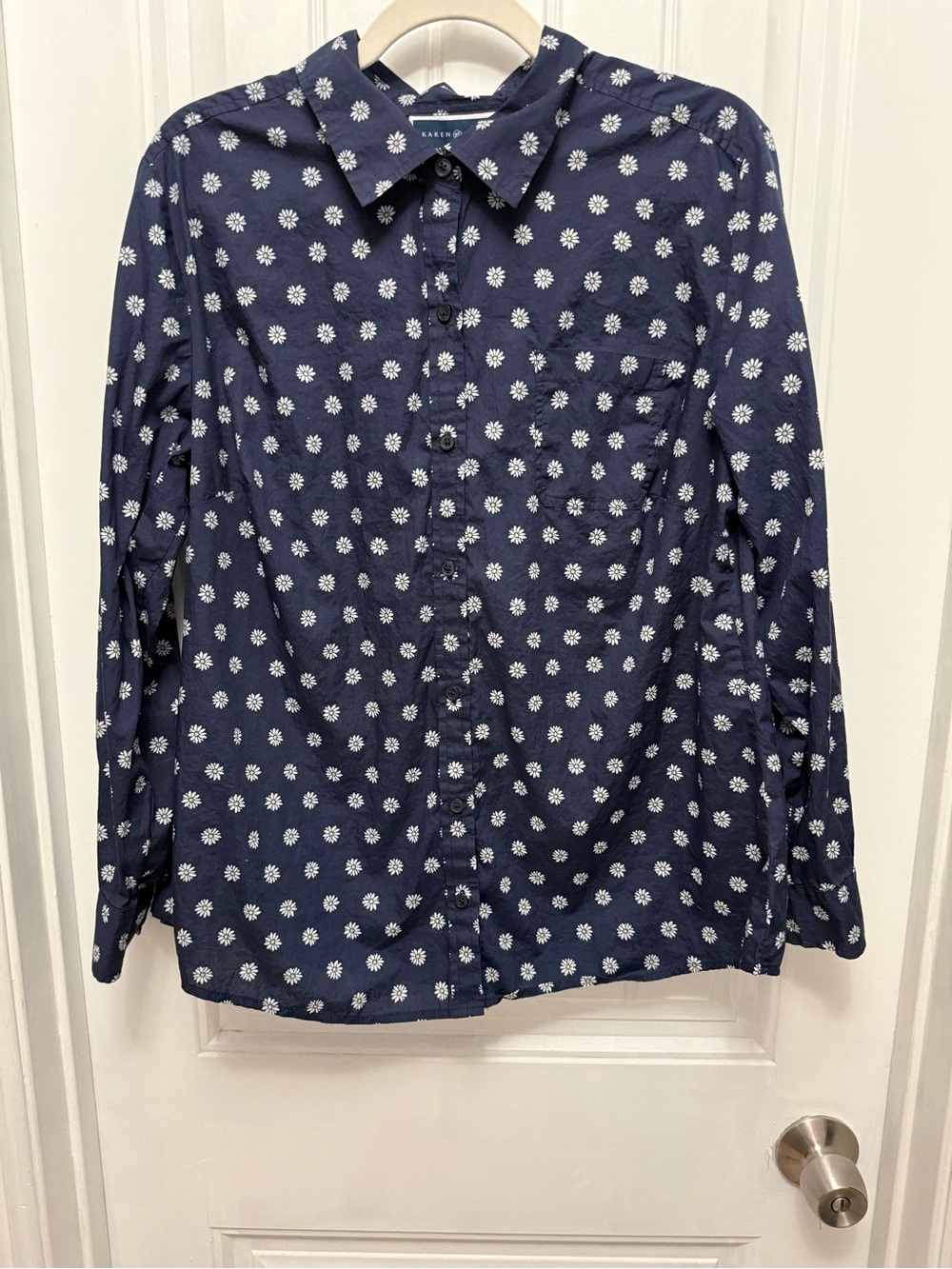 Karen Scott Dark Blue with White Flower Polka Dot Blouse Cotton 3/4 Sleeve (2-18